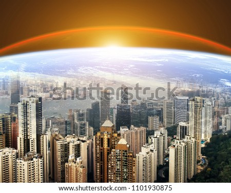 Modern urban skyline. Planet Earth sunrise. Worldwide internet concept. Global  business and finance