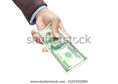 women hand give the Dollars banknote.