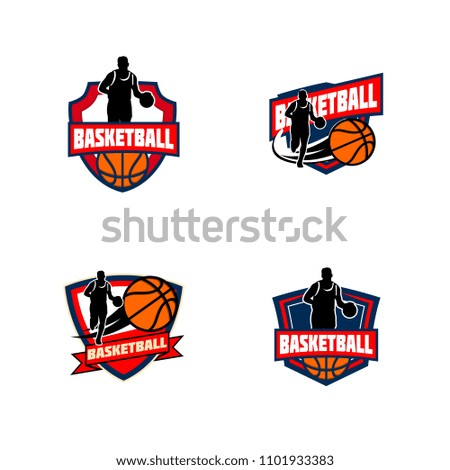 Set of basketball club logo, emblem, designs with ball. Sport badge vector illustration collection