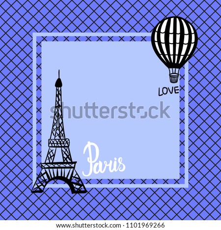 Card with hearts hand draw and the Eiffel tower and Balloon. Vector illustration isolated on blue background. Black fishnet tights seamless pattern.