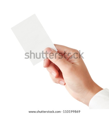Businessman's hand in a pink shirt sleeve holding blank paper business card, closeup isolated over white background