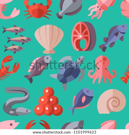 Seafood delicacies and cooking fish flat icons seamless background colored on green background illustration