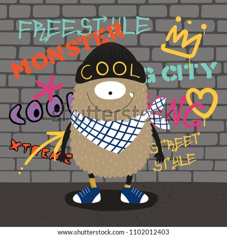 Hand drawn vector illustration of a cute funny monster in beanie, bandana and sneakers, with a wall with graffiti in the background. Isolated objects. Concept for children print.