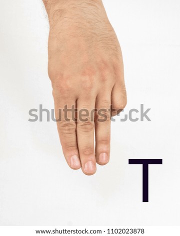 Alphabet in Russian sign language.  A symbol 20 from 33. A man's hand on a light background.