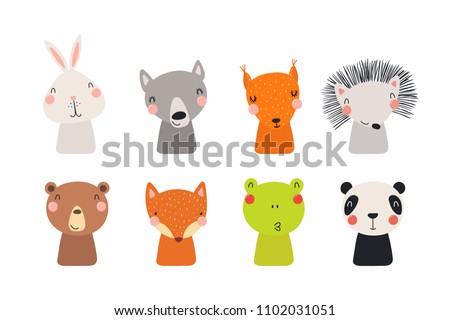 Set of cute funny little animals bear, panda, bunny, wolf, frog, fox, hedgehog, squirrel. Isolated objects on white. Vector illustration. Scandinavian style flat design. Concept for children print