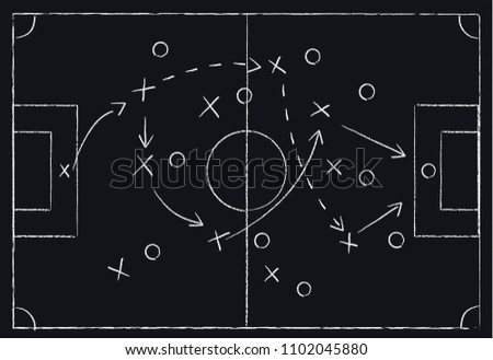 Soccer or football game tactics drawn with white chalk on blackboard, isolated, vector illustration Royalty-Free Stock Photo #1102045880