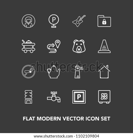 Modern, simple vector icon set on dark background with home, road, folder, sign, face, sink, tobacco, lady, street, light, drink, kitchen, lighthouse, no, tap, safe, car, safety, music, estate icons