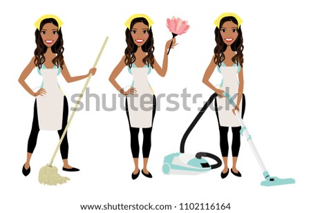 Cleaning lady in three different poses with vacuum cleaner, mop and duster cleaner.  Adult brunette vector maid cleaning graphic. Housewife cleaning with mop, vacuum, and duster. Rag on head.