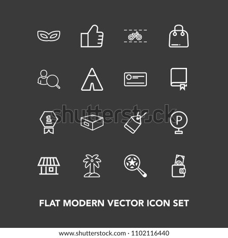 Modern, simple vector icon set on dark background with drawer, celebration, magnifying, urban, bicycle, party, search, carnival, award, transportation, wallet, business, car, cycle, summer, tag icons