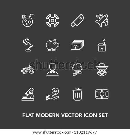 Modern, simple vector icon set on dark background with garbage, character, wheel, control, glass, can, cut, transportation, laboratory, drone, bicycle, cocktail, biology, bin, research, dollar icons