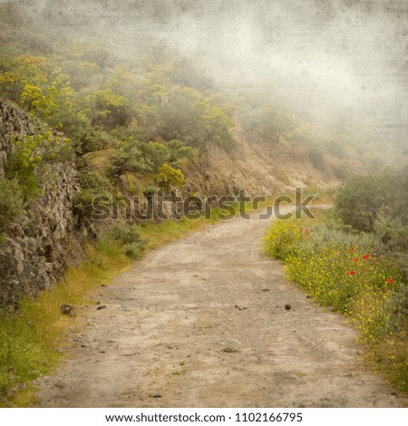 textured old paper background with Gran Canaria landscape on a foggy day 