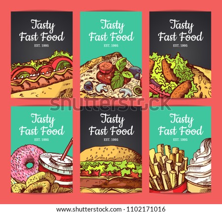  card templates set with hand drawn fast food elements and place for text. Illustration fast food card with hamburger and hot dog