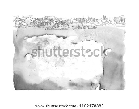 hand drawing with ink and liner on paper, abstract city image for a background or postcard, panorama of Minsk