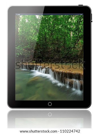 tablet pc computer modern technology touch for the future nature background black model with concept green save the world on white background for design