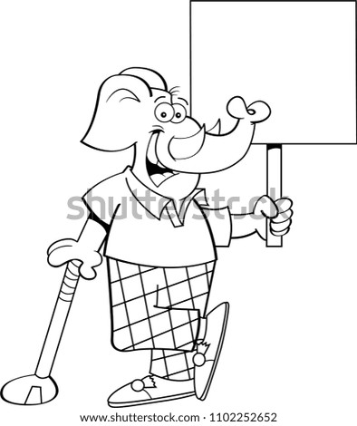 Black and white illustration of an elephant golfer leaning on a golf club while holding a sign.