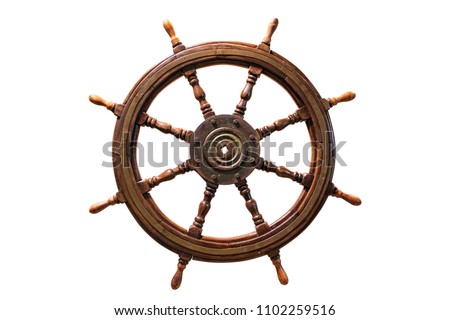 vintage ship wheel made of wood. isolated on white background.