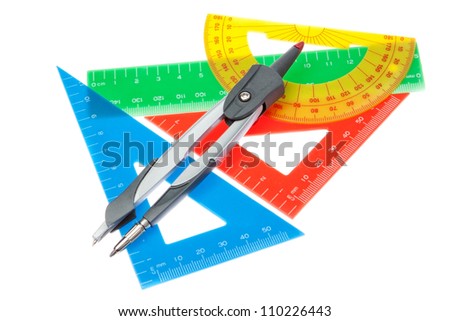 A set of rulers for the school and a compass on a white background.