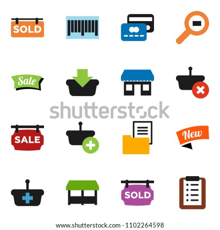 solid vector ixon set - office vector, cargo search, estate document, sale signboard, sold, credit card, new, market, barcode, basket, shopping list