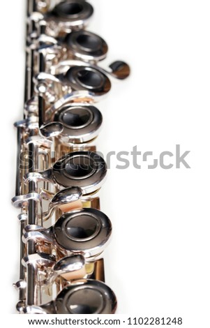 Music Instrument Flute (Silver Flute, Real Flute, Flute on Isolated, Flûte on white, Flûte on Isolated, Flûte close up, Flûte copy space, Fl Mock up)