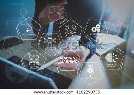 Machine learning technology diagram with artificial intelligence (AI),neural network,automation,data mining in VR screen.Website designer working digital tablet dock keyboard and computer laptop 