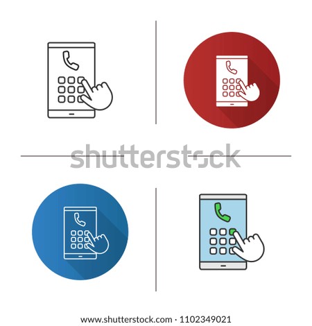 Hand dialing phone number icon. Smartphone keypad. Flat design, linear and color styles. Isolated vector illustrations
