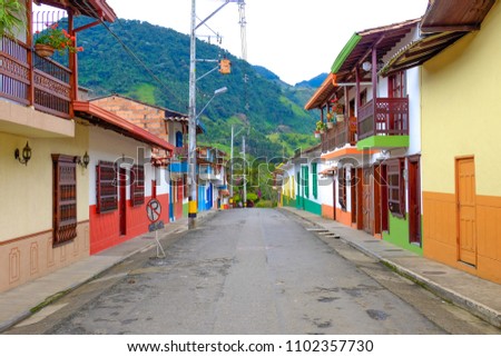 Jardin, Antioquia, Colombia - Empty, colourful streets of Jardín Royalty-Free Stock Photo #1102357730