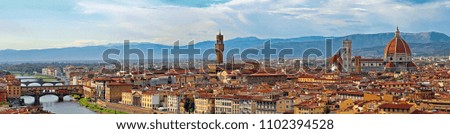 Florence Italy Incredible Cyscape with Arno River and many monument such as Old Palace and the Big Dome of The Cathedral called Duomo di Firenze