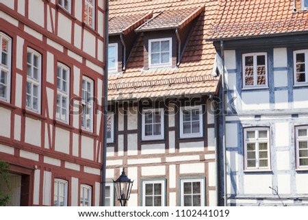 Half timbered construction is traditional method of building in Germany. On the street of Göttingen. Charming University Town Of The German State Of Lower Saxony. 