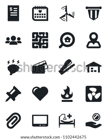 Set of vector isolated black icon - pennant vector, brainstorm, fire, heart, hospital bed, medical calendar, navigation, tv, drawing pin, paper clip, stapler, windmill, warehouse, estate search, fan