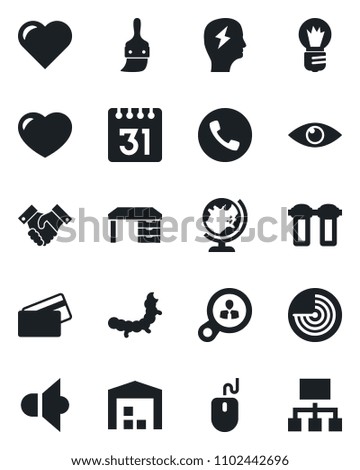 Set of vector isolated black icon - phone vector, globe, radar, mouse, desk, brainstorm, bulb, caterpillar, heart, eye, speaker, themes, calendar, handshake, warehouse, credit card, water filter