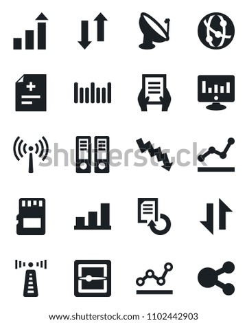 Set of vector isolated black icon - antenna vector, growth statistic, office binder, crisis graph, document, monitor, reload, diagnosis, barcode, satellite, network, scanner, sd, data exchange, bar