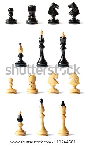 Detail of wooden chess pieces isolated on white background