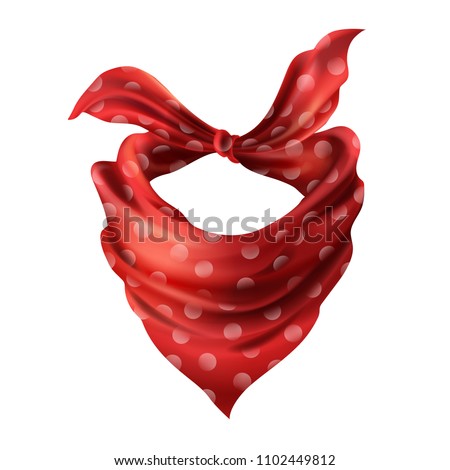 Vector 3d realistic silk red neck scarf. Fabric cloth of dotted neckerchief. Scarlet bandana, outerwear of western cowboy. Unisex accessory isolated on white background Royalty-Free Stock Photo #1102449812