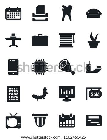 Set of vector isolated black icon - waiting area vector, case, pennant, abacus, calendar, statistic monitor, seedling, caterpillar, caries, sea shipping, term, cell phone, paper tray, sold signboard