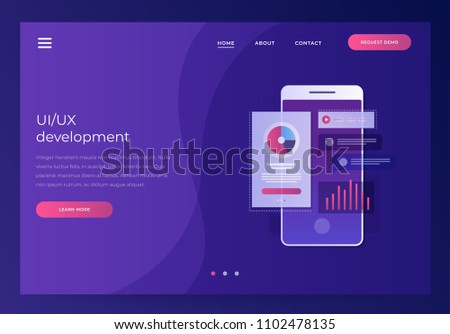 Header for website. Mobile UI/UX development design concept. Smartphone with interface elements. Digital industry. Innovation and technologies. Mobile app. Vector flat illustration. Royalty-Free Stock Photo #1102478135