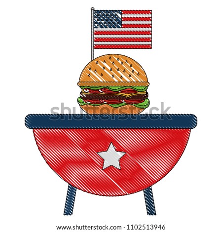 bbq grill with burger and american flag