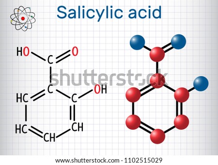 Salicylic acid molecule. It is a type of phenolic acid. Structural chemical formula and molecule model. Sheet of paper in a cage. Vector illustration Royalty-Free Stock Photo #1102515029