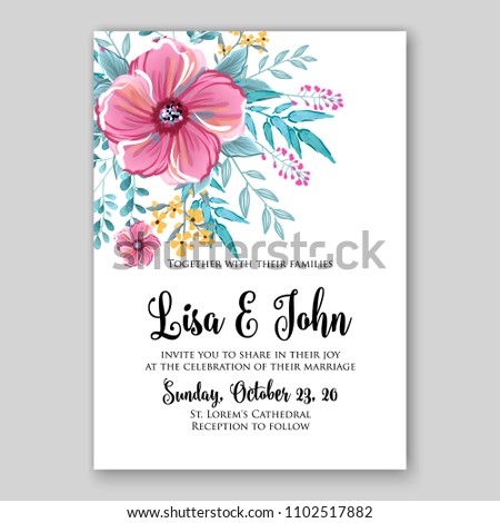 Wedding Invitation vector printable template card Floral Bridal Wreath pink  Anemone rose peony poppy flowers