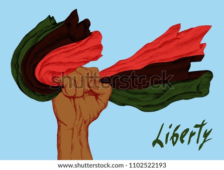 The hand with the flag. Independence day, symbol of struggle and liberation hand Drawn silhouette sketch style drawing on blue background.