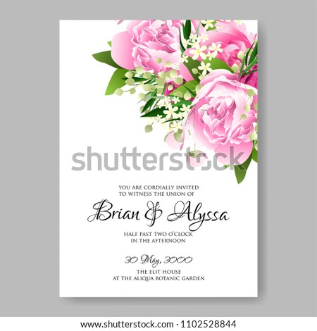 Wedding invitation vector template card Beautiful soft pink peony ranunculus background flowers bouquet for birthday card bridal shower baby shower invites congratulations and celebrations party