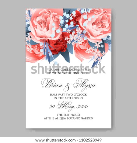Wedding invitation vector template card Beautiful soft scarlet red peony vintage background flowers bouquet for birthday card bridal shower baby shower invites congratulations and celebrations party