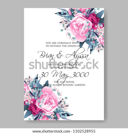 Wedding invitation vector template card Beautiful soft magenta peony vintage background flowers bouquet for birthday card bridal shower baby shower invites congratulations and celebrations party