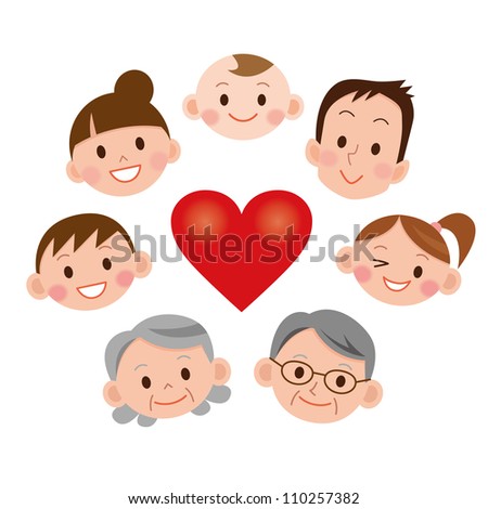 cartoon family face icons and Heart