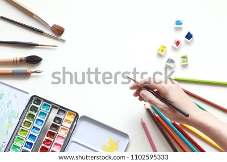 Paint accessories and watercolor Isolated On White (workplace mock up,Copy Space,Isolated, White Copy space,Color Copy space, Blank Copy Space, On White.)