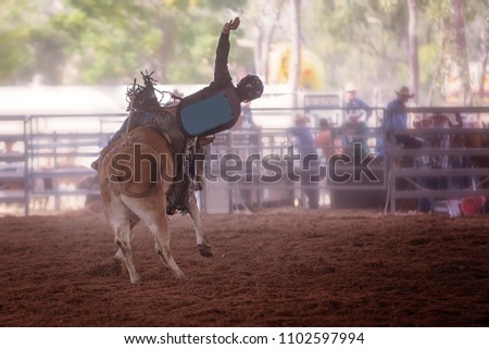Bucking bull with a cowboy rider at an indoor country rodeo with dust haze