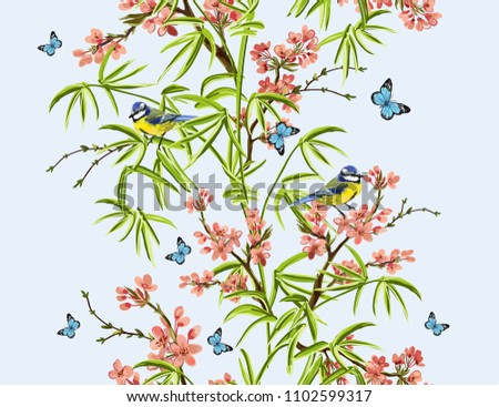 Colorful  hand drawn floral seamless pattern with bamboo, sakura, tropical flowers,  japanese birds, butterflies. Vector vintage traditional folk fashion illustration ornament on white  background. 