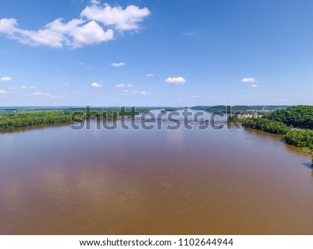 Over the Mississippi River with a railroad bridge.  Royalty-Free Stock Photo #1102644944