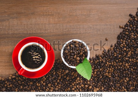 Coffee cup and coffee beans , flat lay image with copy space for your text