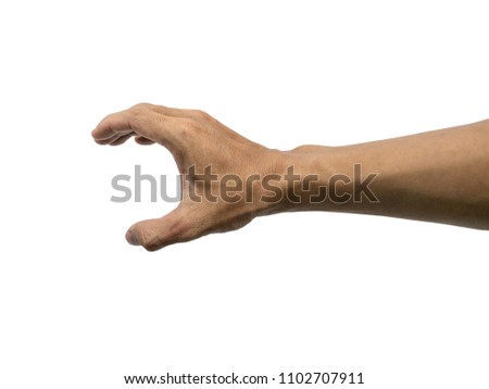Young man hand holding  empty for montage product isolated on white.