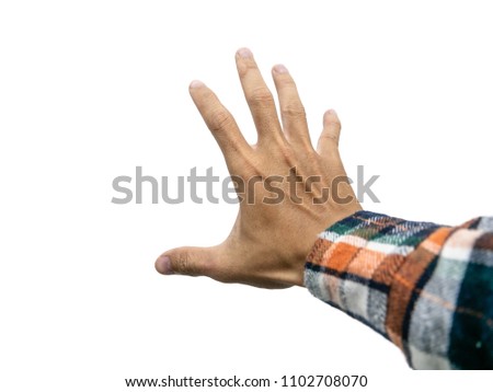 Young man hand holding  empty for montage product isolated on white.